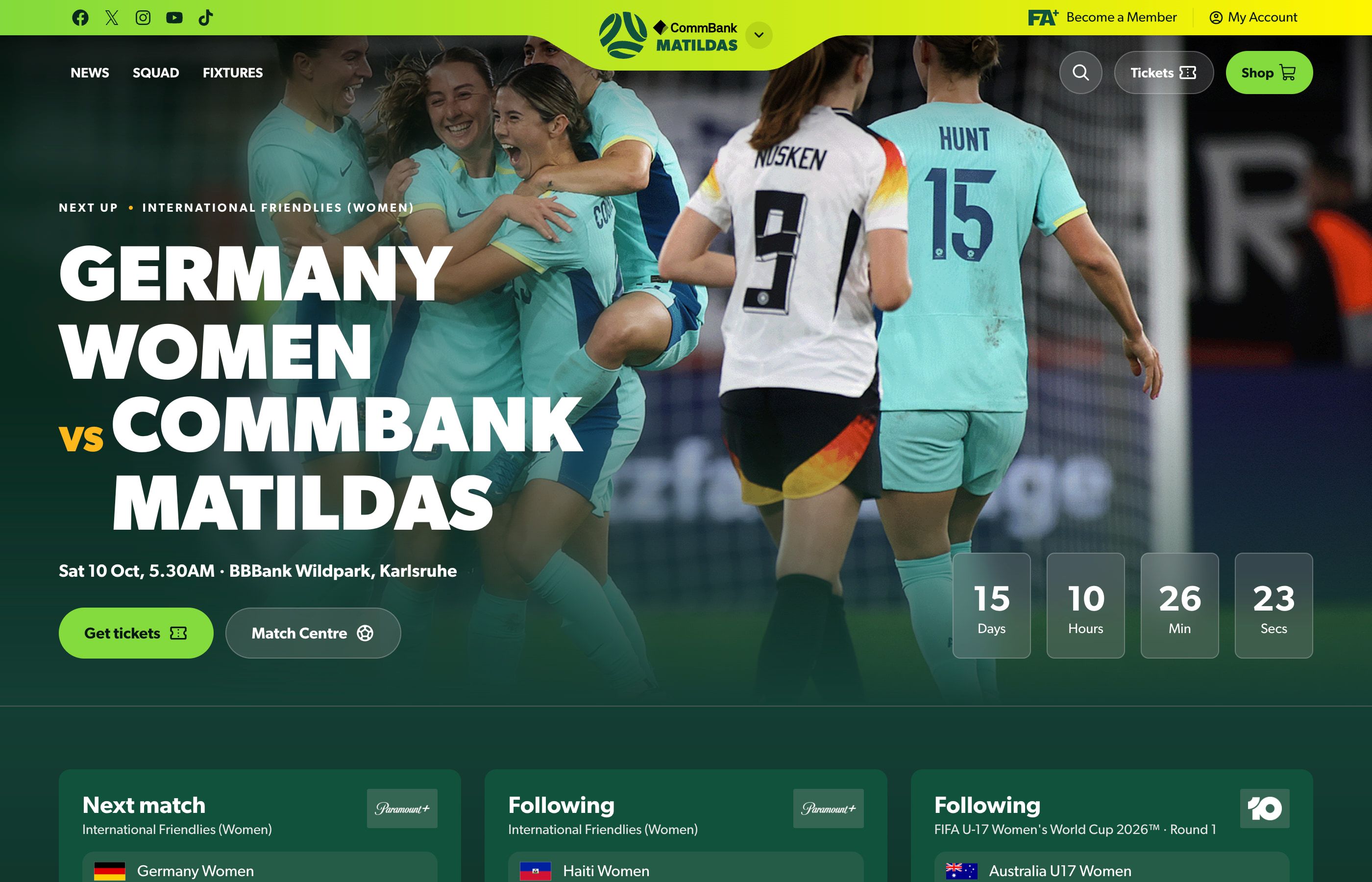 Matildas homepage showing the Germany fixture, matchday countdown and upcoming matches