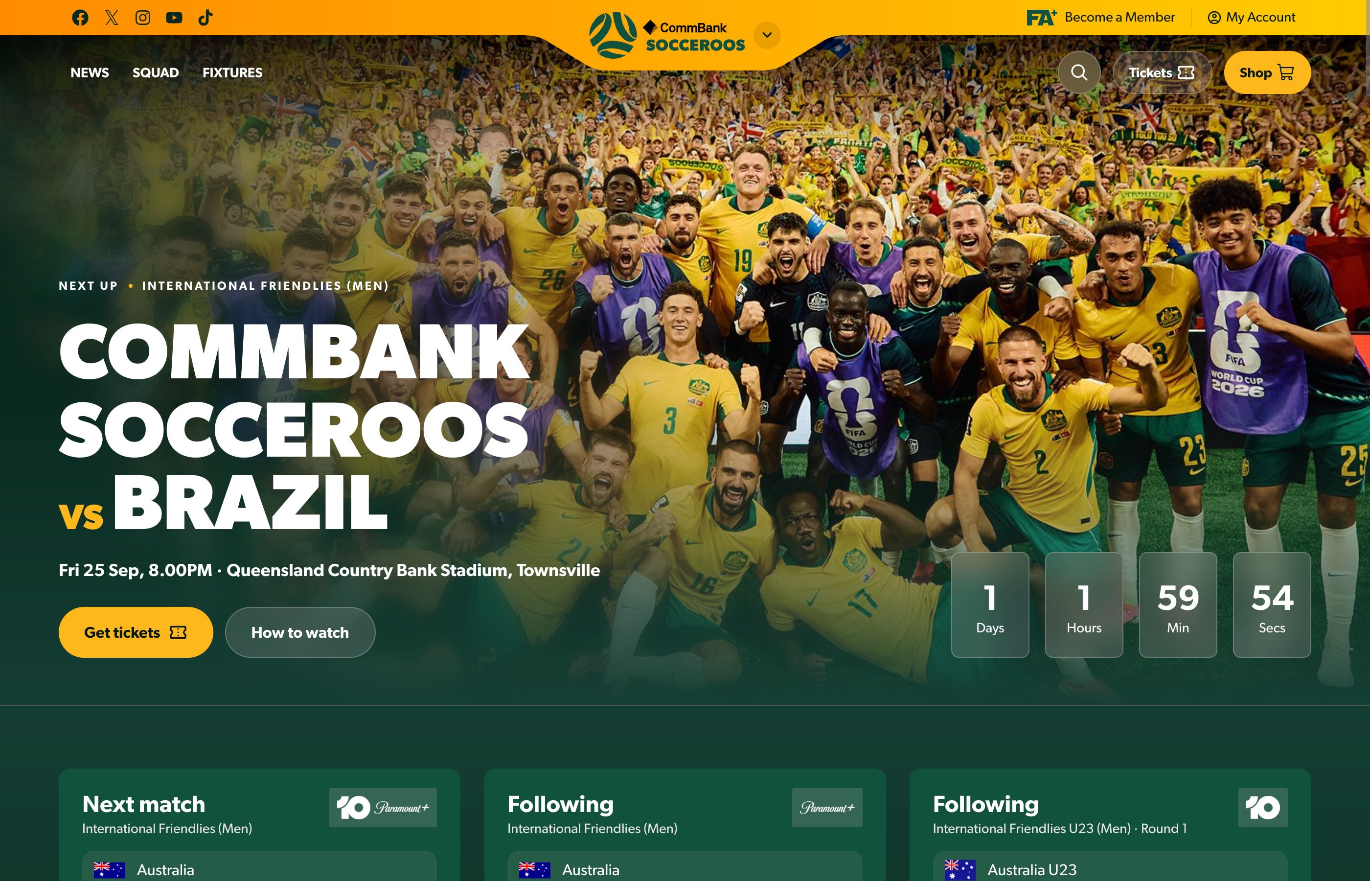 Socceroos homepage with team photography, matchday countdown and upcoming fixtures